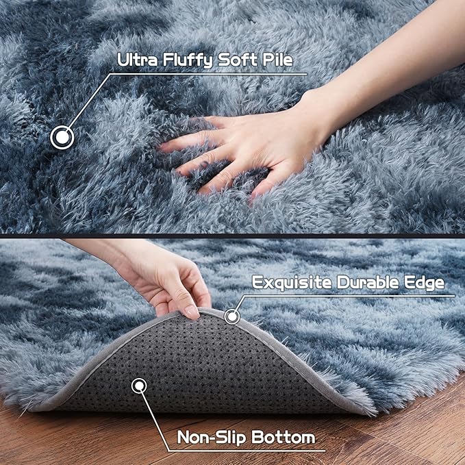 Pionblank 8x10 Rug for Living Room, Fuzzy Plush Large Area Rug, Fluffy Modern Shag Non Slip Soft Furry Carpet for Bedroom Kids Room Nursery Teens Dorm Home Decor, Blue Grey