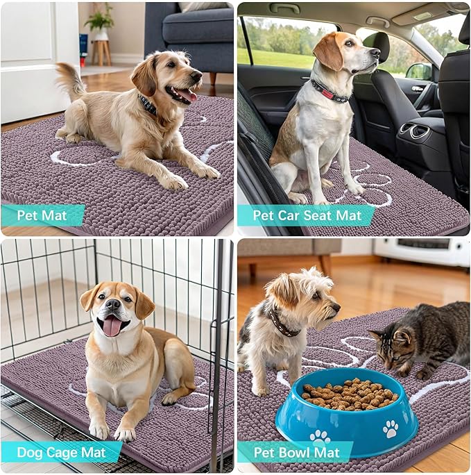 OLANLY Dog Door Mat for Muddy Paws 48x30, Paw Print Design, Absorbs Moisture and Dirt, Absorbent Non-Slip Washable Doormat, Quick Dry Chenille Mud Mat, Entry Indoor Entryway Carpet, Deep Plum