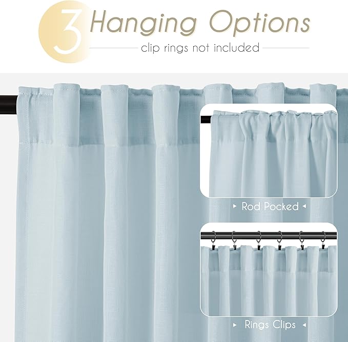 Sky Blue Curtains 108 inch Length for Bedroom Back Tab Light Filtering Semi Sheer Blue Living Room Curtains Linen Cotton Textured Drapery Panel Aesthetic Decor Light Blue 52x108