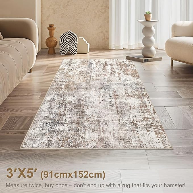 UERMEI 3x5 Area Rug Living Room Rugs - Washable Neutral Modern Abstract Soft Thin Rug Indoor Floor No Slip Rug Carpet for Bedroom Under Dining Table Home Office Decor - Brown/Grey/Red