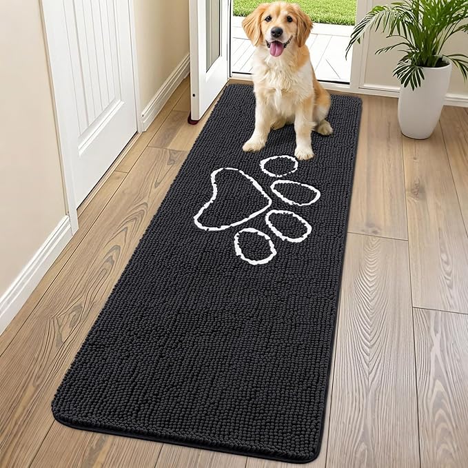Smiry Dog Door Mat for Muddy Paws, Absorbent Dirt Trapper Non Slip Quick Dry Washable Chenille Mat for Mud Dogs, Entry Rug for Indoor and Outdoor (70x24 Inches, Black and White)