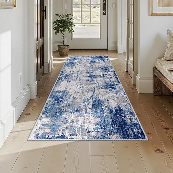 Washable Area Rugs 3x8 Non-Slip Modern Abstract Soft for Living Room Entryway Bedroom Nursery, Print Pattern, Blue Grey Navy Gray