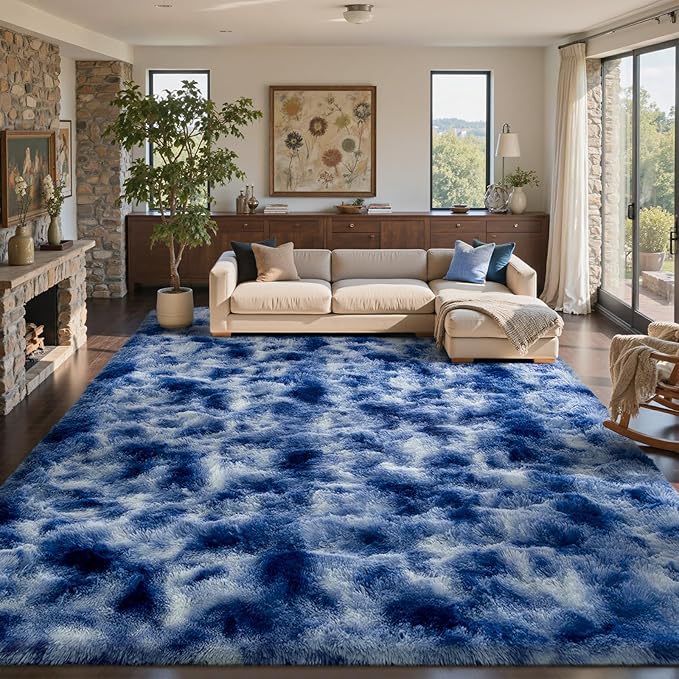 10x14 Ft Extra Large Shag Rugs for Living Room, Ultra Soft Fluffy Furry Area Rugs for Bedroom Indoor Floor, Aesthetic Carpet for Kids Home Decor (Blue)