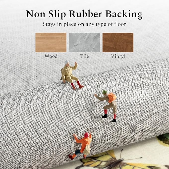 Rugflix 2x6 Runner Rug for Hallway, Washable Kitchen Runner Non Slip, Soft Low Pile Entryway Carpet, Vintage Floral Stain Resistant Long Laundry Room Rugs for Bedroom, Stairs, Beige Yellow