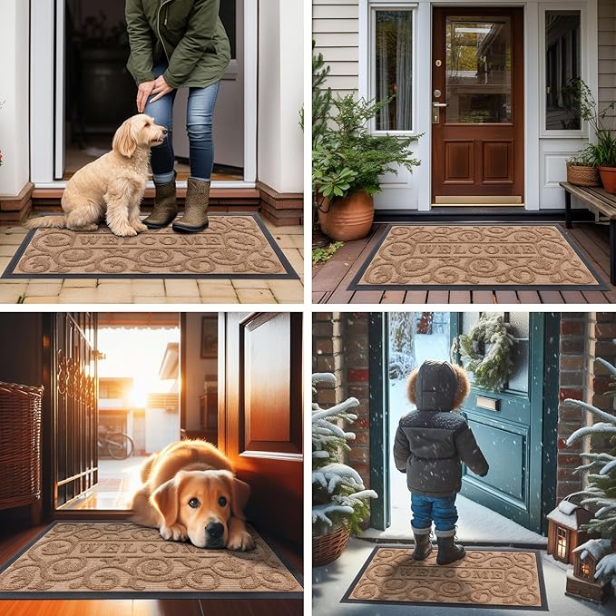 Smiry Welcome Door Mat Outside Entrance, Heavy Duty Trap Dirt and Moisture Easy Clean Low Profile Patio Porch Indoor Outdoor Front Doormat for Entry, 35x23 Inch, Coffee