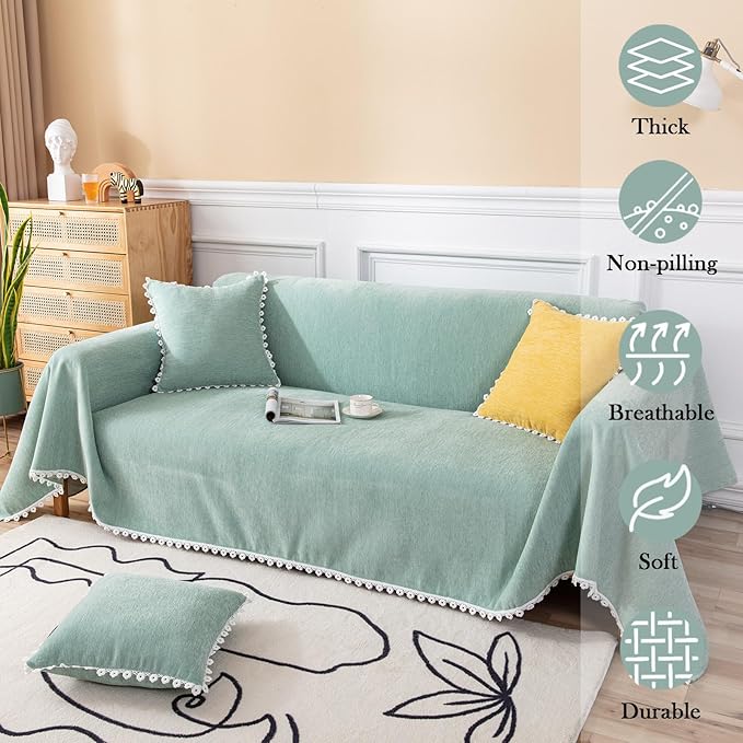 HANDONTIME Couch Cover for Sectional Sofa L Shape Light Green Cute Chenille Pet Couch Cover with Lace, Machine Washable, 71" X150