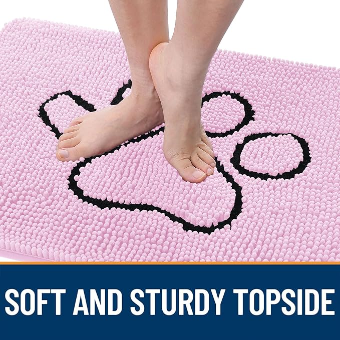OLANLY Dog Door Mat for Muddy Paws 48x30, Paw Print Design, Absorbs Moisture and Dirt, Absorbent Non-Slip Washable Doormat, Quick Dry Chenille Mud Mat for Dogs, Entry Indoor Entryway Carpet, Pink