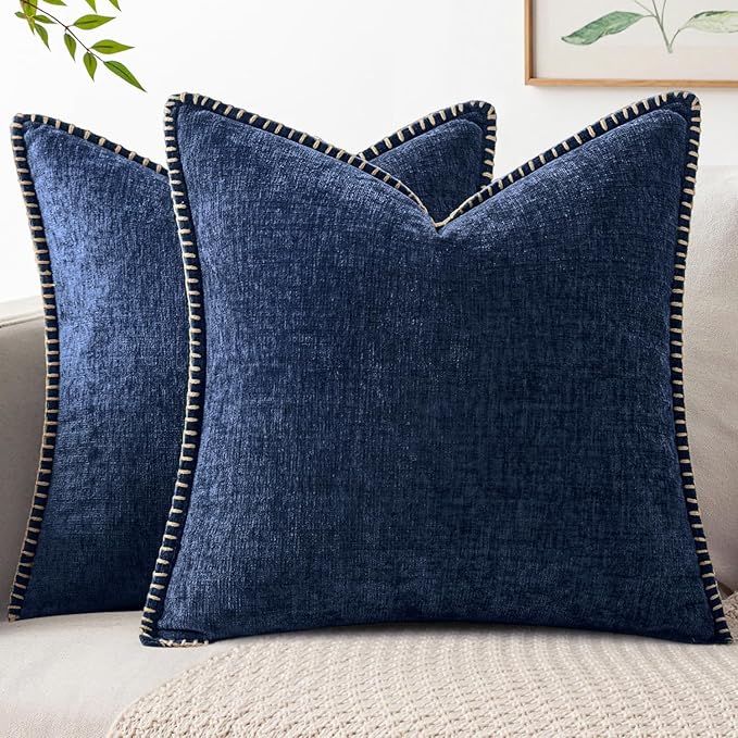 MIULEE Pack of 2 Couch Throw Pillow Covers 20x20 Inch Navy Farmhouse Decorative Pillow Covers with Stitched Edge Soft Chenille Solid Dyed Spring Pillow Covers for Sofa Bed Living Room