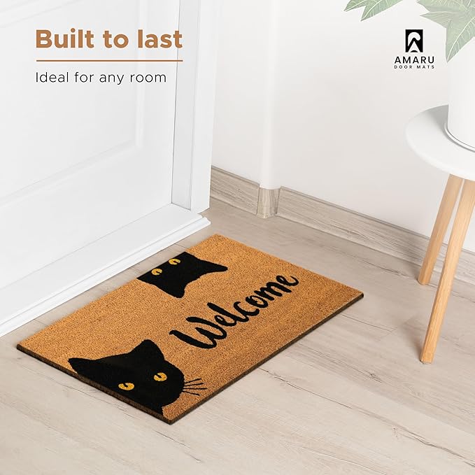 Welcome Cats - 17"x29" - Coir Door Mat with Heavy Duty Backing - Welcome Mats for Entryway, Porch - Anti-Slip PVC & Coconut Fiber Surface - Natural Home Accessories, Minimalist Original Design