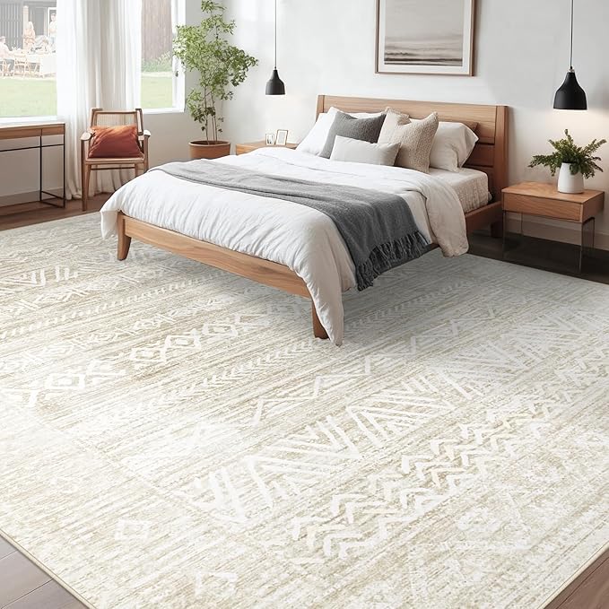 Living Room Rugs 9x12: Washable Moroccan Geometric Boho Rug Farmhouse Non Slip Stain Resistant Large Rug Low Pile Soft Carpet for Bedroom Dining Room Kids Room (Ivory Beige,9'x12')