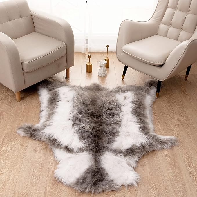 Carvapet Soft Fur Rugs Fake Reindeer Hide Area Rug Fluffy Faux Fur Carpet for Bedroom Floor Mat Home Decorative Throw Rug for Living Room, 4ft x 5ft, Grey