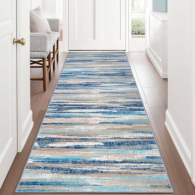 Lansny Modern Abstract Runner Rug 3x8, Blue Washable Kitchen Runner Non-Slip Soft Hallway Rug Runner Thin Print Faux Wool Carpet for Entryway Bedroom Laundry Room Indoor Home Office Decor