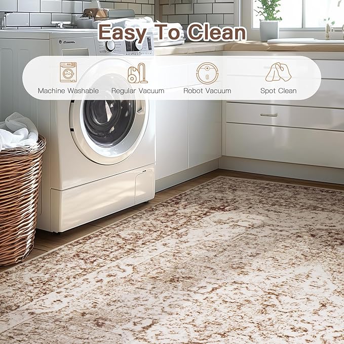 Lofus 5x7 Area Rugs for Living Room, Washable Area Rug, Rugs for Bedroom, Kitchen, Vintage Boho Carpet, Soft Non-Slip, Low Pile Large Area Rug for Office Dining Room, Vintage Beige Brown