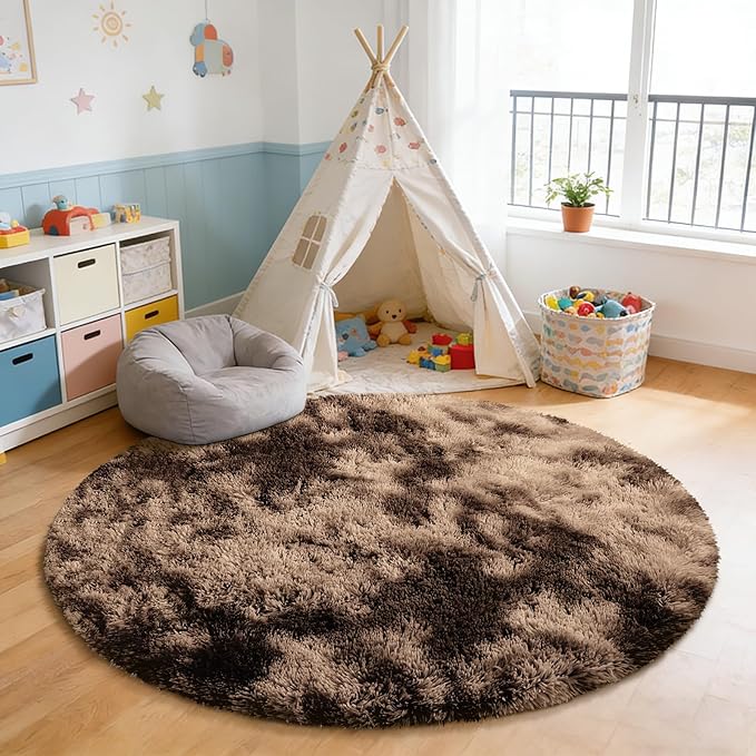 Fluffy Round Rug,Soft Area Rugs for Girls Room,Shaggy Rugs 5'X5' for Living Room,Non Slip Circle Rug for Kids Bedroom,Shag Plush Nursery Carpets,Fuzzy Rug for Dorm,Room Decor Carpet,Tie-Dyed Coffee