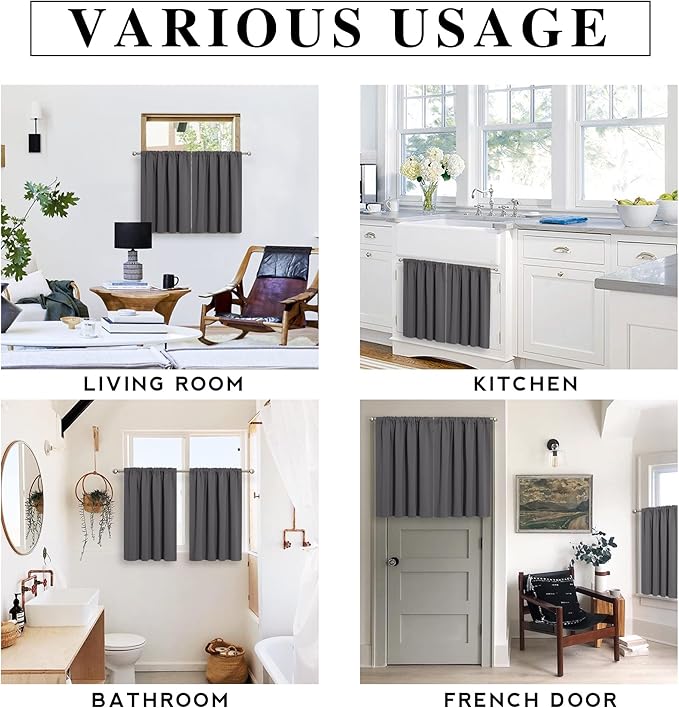 RYB HOME Blackout Privacy Bathroom Window Curtains, Short Thermal Insulated Heat Blocking Privacy Rod Pocket Half Window Curtain Tiers for Nursery Bedroom, Width 42 by Length 30, Grey, 2 Panels