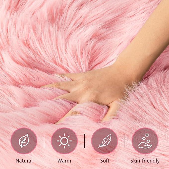 Ciicool Faux Sheepskin Rug Soft Faux Fur Rugs Pink Fluffy Rugs Chair Couch Cover Cute Fuzzy Rug for Girls Bedroom Floor Sofa Living Rroom 2x3 Feet