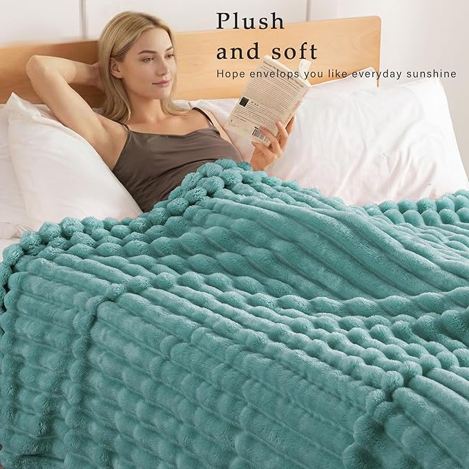 Exclusivo Mezcla Twin Size Flannel Fleece Blanket, Super Soft Striped Jacquard Bed Blanket, Lightweight Fuzzy Cozy for All Seasons, 60x80 Inches, Celadon
