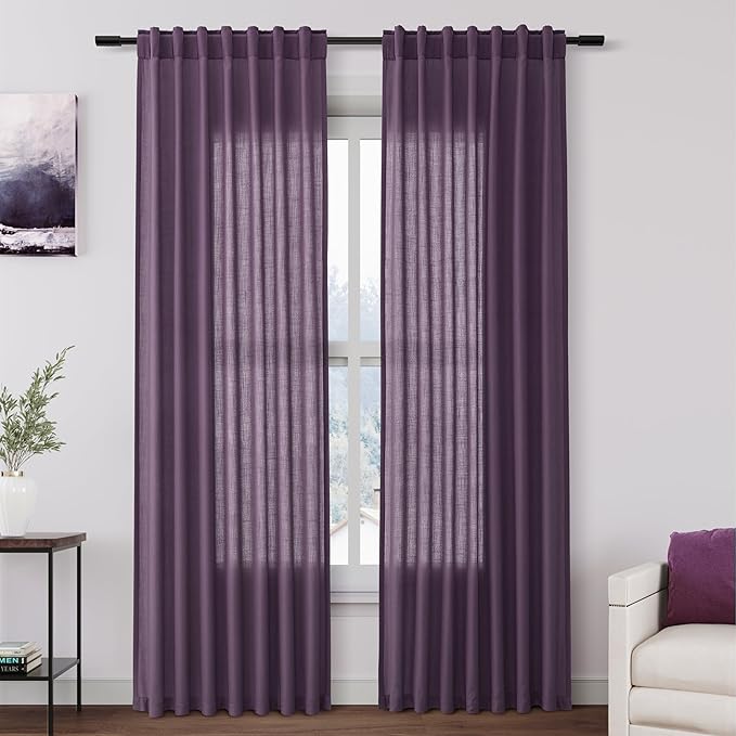 Nanspring Plum Linen Curtains 84 Inch Length 2 Panels Set for Living Room Rod Pocket Back Tab Light Filtering Window Drapes for Bedroom Dining Room Protect Privacy Country Farmhouse Decor 52x84