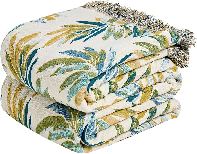 MSGKV Boho Throw Blanket for Couch Cotton Leaves Blanket 50"x60" Throws for Sofa Chair Muslin Spring Breathable Lightweight Farmhouse Blankets Home Decor All Seasons