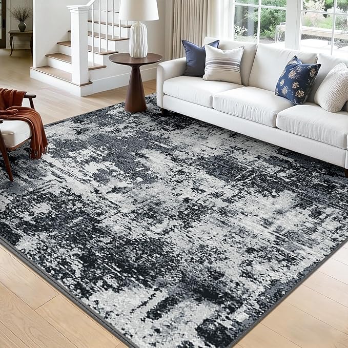Washable Area Rugs Square 9ft Non-Slip Modern Abstract Soft for Living Room Entryway Bedroom Nursery, Print Pattern, Black Navy Blue Gray
