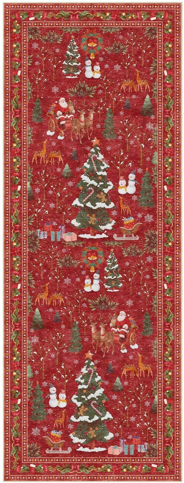 UERMEI Christmas Runner Rug for Hallway: 2x6 Neutral Modern Festive Low Pile Soft Thin Indoor Carpet for Bedroom Kitchen Mat Kids Room Holiday Decor - Red
