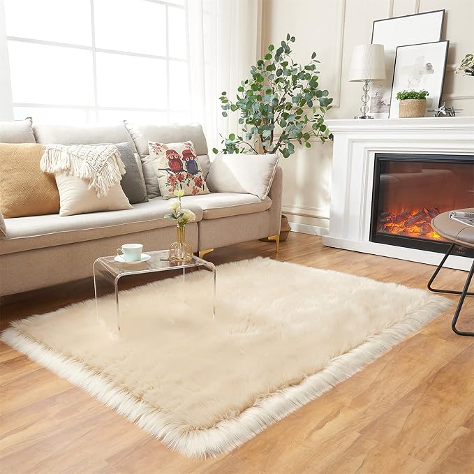 EasyJoy Ultra Soft Fluffy Shaggy Area Rug Faux Fur Rug Chair Cover Seat Pad Fuzzy Area Rug for Bedroom Floor Sofa Living Room (4 x 6 ft Rectangle, Beige)