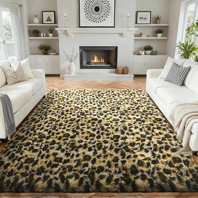 Ophanie Leopard Rugs for Living Room Bedroom, Fluffy Soft Fuzzy Cheetah Print Area Rug, Plush Shaggy Bedside Floor 5x8 Furry Carpet for Kids Baby Teen Dorm Nursery Home Decor Aesthetic