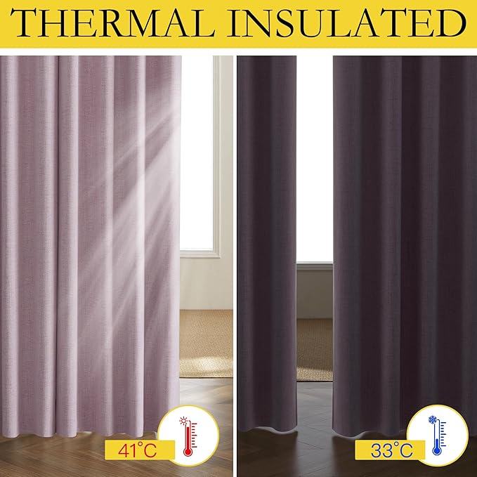 NICETOWN Pink Vintage Linen 100% Blackout Curtains for Living Room, Thermal Insulated Curtains 108“ Long, Noise Reducing Window Treatment Drapes for Home Office, 62" Wide Per Panel, Set of 2
