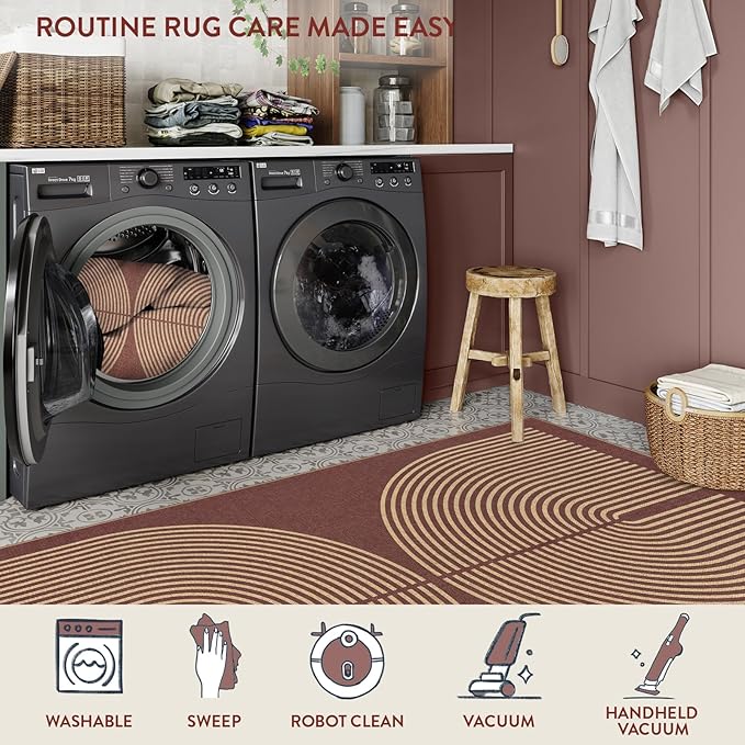 Lahome Enfys Modern Rainbow Easy Jute Outdoor Rug 5x7, Stain Resistant Red Dining Room Patio Rug, Farmhouse Non Slip Non Shedding Indoor Outdoor Carpet for Living Room Office Bedroom Deck Backyard