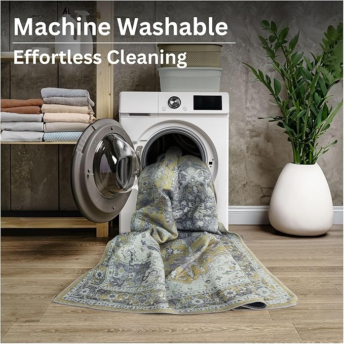 Yellow Area Rug Runner 2.5 x 10 ft, Machine Washable Polyester
