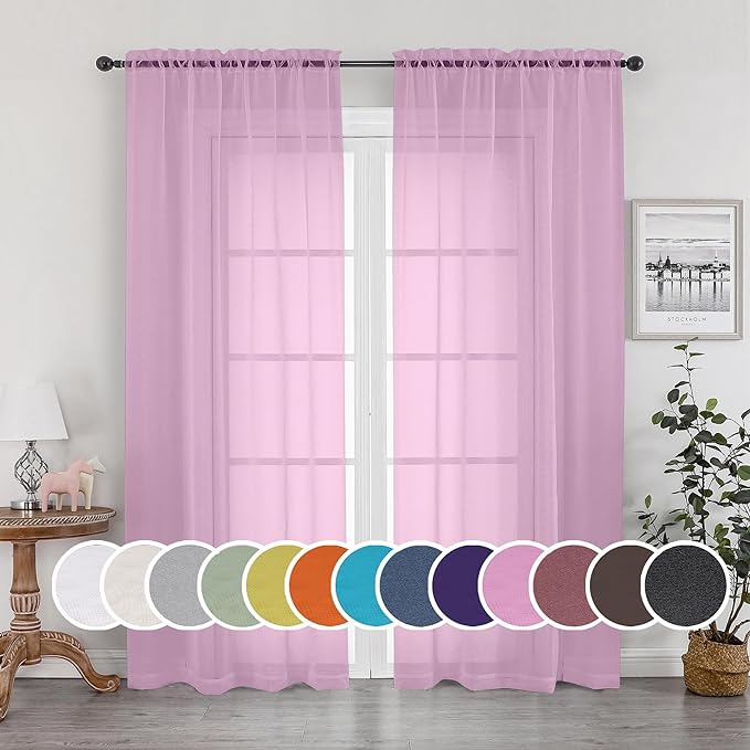 OWENIE Sheer Curtains Light Pink, Sheer Curtains 63 inches Length 2 Panels Set, Rod Pocket Voile Fimly Sheer Drapes for Living Room/Bedroom, 2pcs, Each 42" W x 84" L