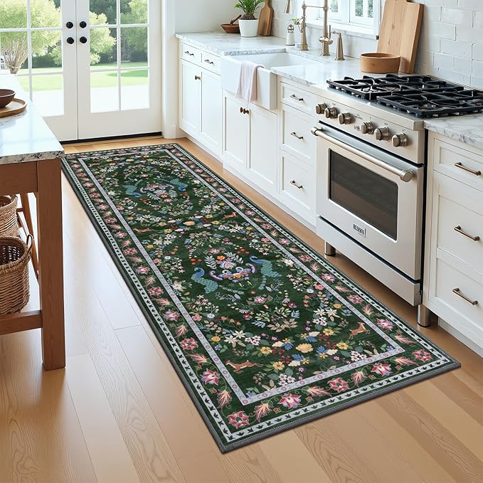 HEBE Washable Hallway Runner Rug 2'x 8' Non Slip Kitchen Rugs Runner,Low Pile Entryway Rug Laundry Room Mat Floral Carpet Runners for Hallways, Kitchen,Bathroom,Laundry,Bedside Rug