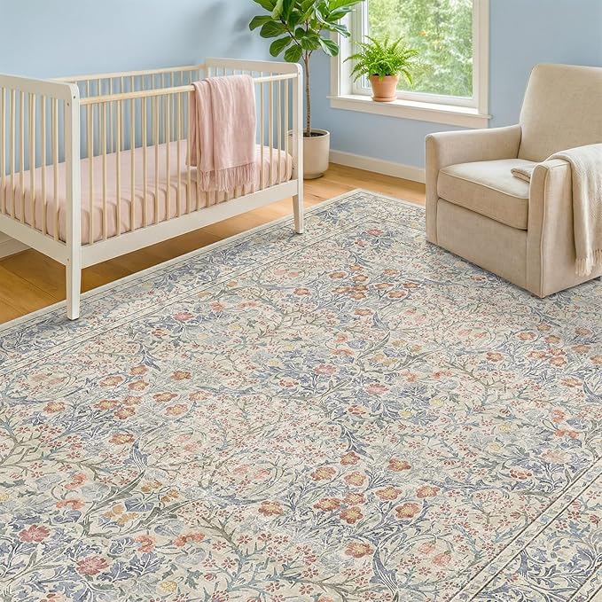 Beige Blue Living Room Rug 5x7, Cottage Area Rug for Bedroom, Vintage Washable Floral Mat for Nursery, Office, Low Pile Non Slip Stain Resistance French Country Style Retro Indoor (5x7 Beige Blue)