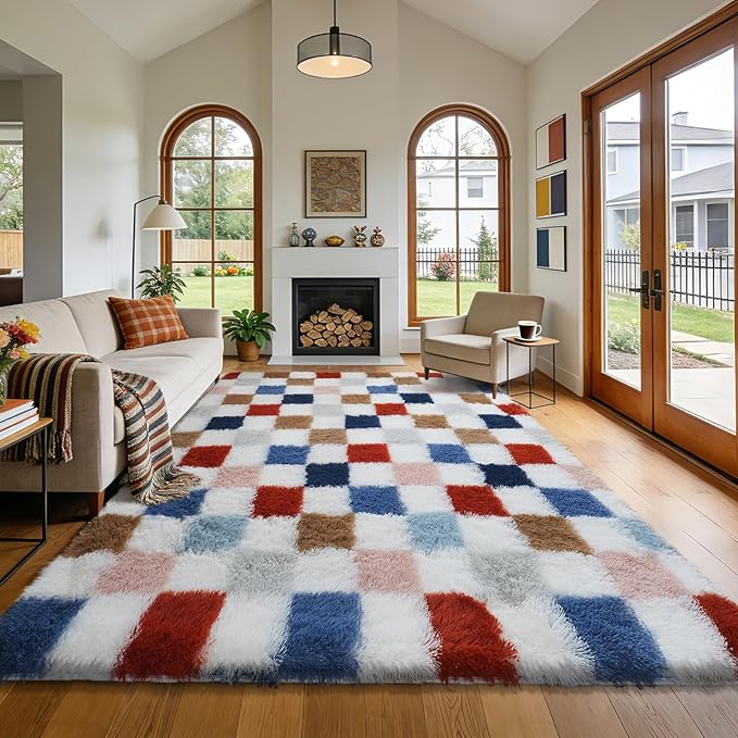 Shag Area Rug for Bedroom Living Room,5x8 Fluffy Soft Colorful Checkered Rug Fuzzy Shaggy Bedroom Carpet,Indoor Plush Floor Rugs for Kids Boys Girls Teen Dorm Nursery Home Decor