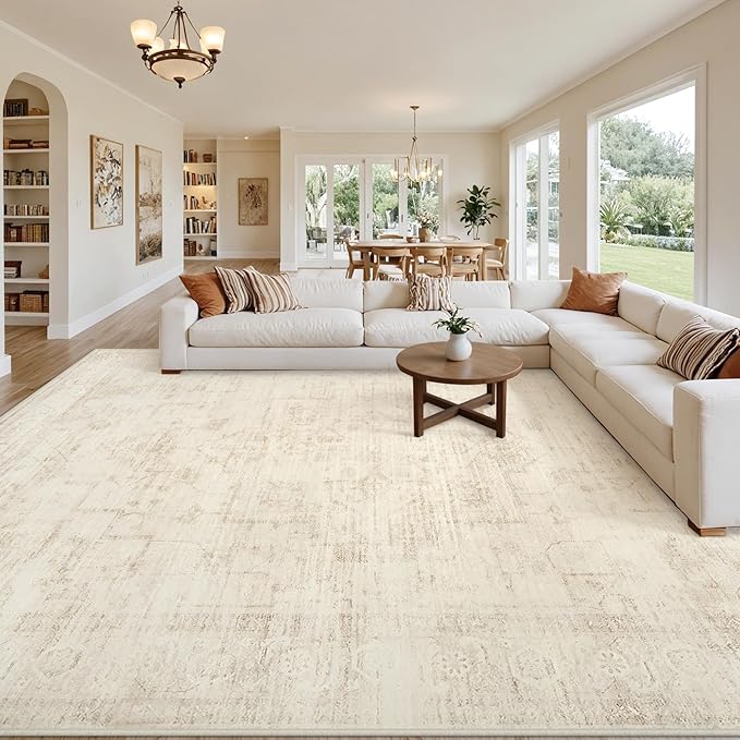 Area Rugs 9x12 Living Room: Vintage Boho Neutral Washable Rug Indoor Soft Large Area Rug Carpet for Bedroom Nursery Farmhouse Dining Room Office Floor Non-Slip Low Pile Under Table Rug Dark Beige