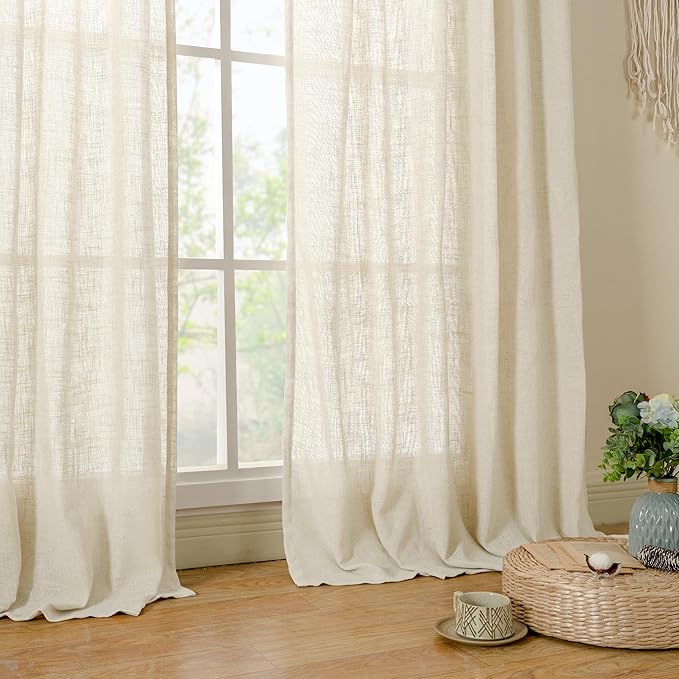 LAMIT 102 inches Long Sheer Linen Curtains, Linen Textured Light Filtering Semi Sheer Back Tab and Rod Pocket Natural Boho Drapes for Living Room/Farmhouse, 2 Panels, Beige, 52 x 102 Inch