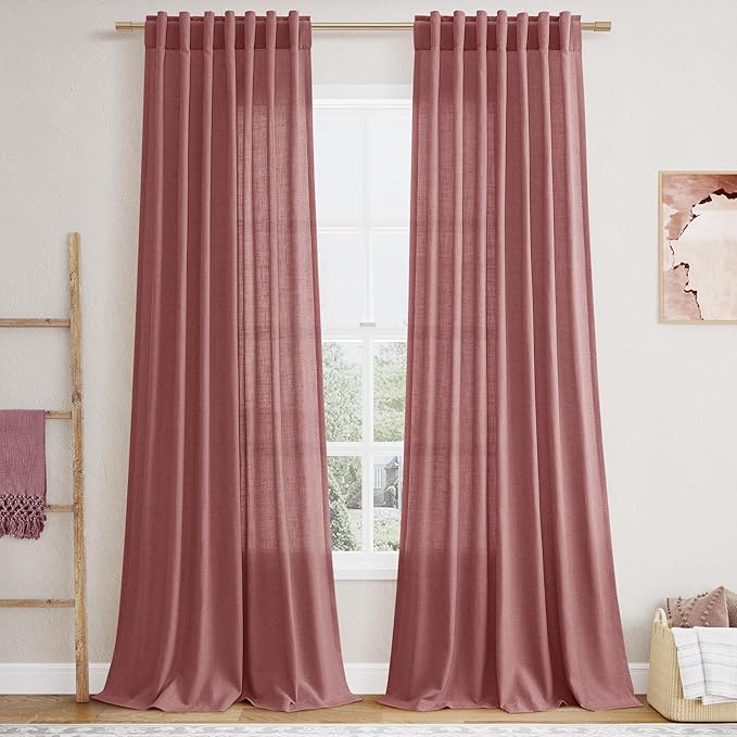 Extra Long Canyon Rose Linen Curtains 120 Inch for Living Room 2 Panels Set Rod Pocket Back Tab Linen Window Drapes Semi Sheer Light Filtering Privacy High Ceiling Drapes for Farmhouse 52x120