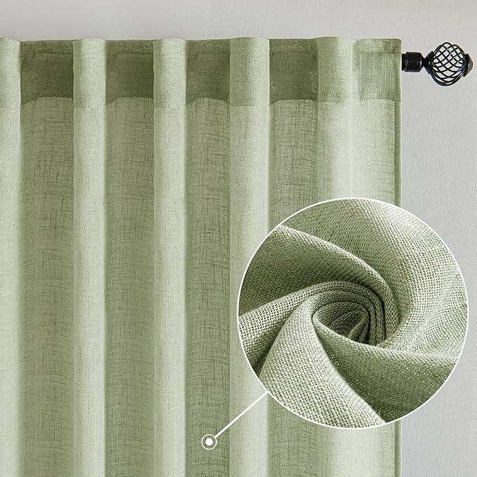 MIULEE Sage Green Linen Curtains 108 Inches Long for Bedroom Living Room, Soft Thick Linen Textured Window Drapes Semi Sheer Light Filtering Back Tab Rod Pocket Burlap Look, 2 Panels