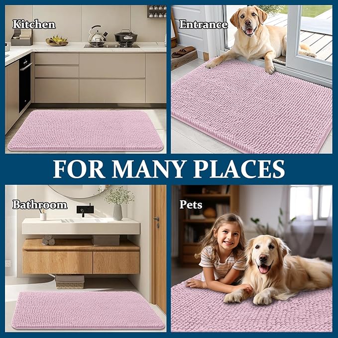 OLANLY Dog Door Mat for Muddy Paws 54x24, Absorbs Moisture and Dirt, Absorbent Non-Slip Washable Doormat, Quick Dry Chenille Mud Mat for Dogs, Entry Indoor Entryway Carpet for Inside Floor, Dusty Rose