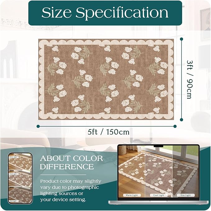3x5 Floral Entry Rug - Small Washable Indoor Outdoor Mats for Front Door Non-Slip Porch Rug Tan Boho Neutral Farmhouse Throw Rugs for Living Room Bedroom Entryway Kitchen Office Porch Decor