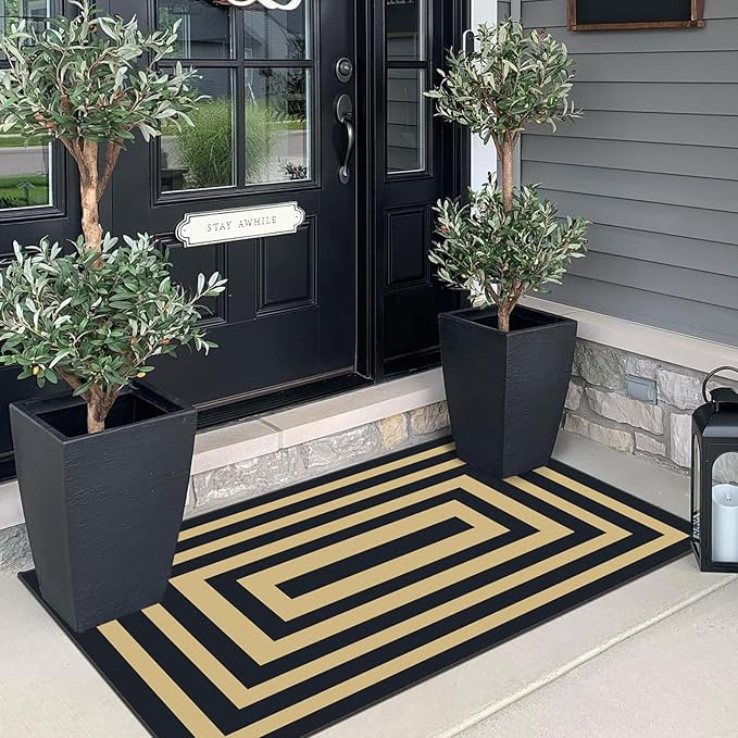 Front Door Mat Indoor Entrance - 2x4.3 Ft Modern Washable Layered Doormat Outdoor Entrance Porch Rug Non-Slip Black Tan Geometric Border Runner Rug for Kitchen Bedroom Laundry Room Porch Decor