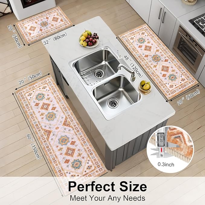 HEBE Boho Kitchen Rug Sets 3 Piece with Runner Non Slip Kitchen Rugs and Mats Washable Kitchen Mats for Floor Thick Kitchen Floor Mat Carpet Runner Rugs for Hallway Laundry Holiday Decor