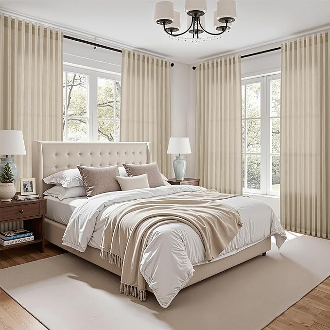 Eggshell Beige Linen Curtains 80 Inch Length for Living Room Light Filtering Semi Sheer Curtain Back Tab Rustic Farmhouse Decor Burlap Luxury Boho Drapes for Bedroom Dinner Room 52x80, 2 Panels