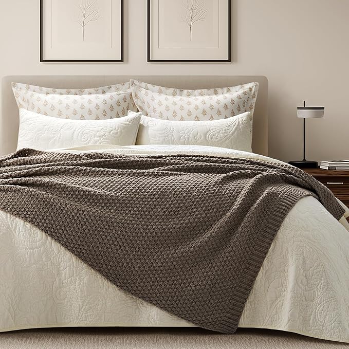 EVERGRACEHOME Chunky Chenille Knit Throw Blanket for Couch, Soft Luxurious Moss Stitch Blankets for Bed, Cozy Decorative Farmhouse Knitted Throws for Sofa, Mocha Brown, 60" x 80"