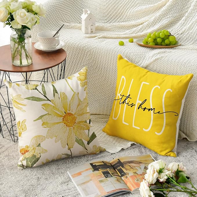 AVOIN colorlife Home Sweet Home Spring Summer Flowers Yellow Throw Pillow Covers, 20 x 20 Inch Cushion Case for Sofa Couch Set of 4