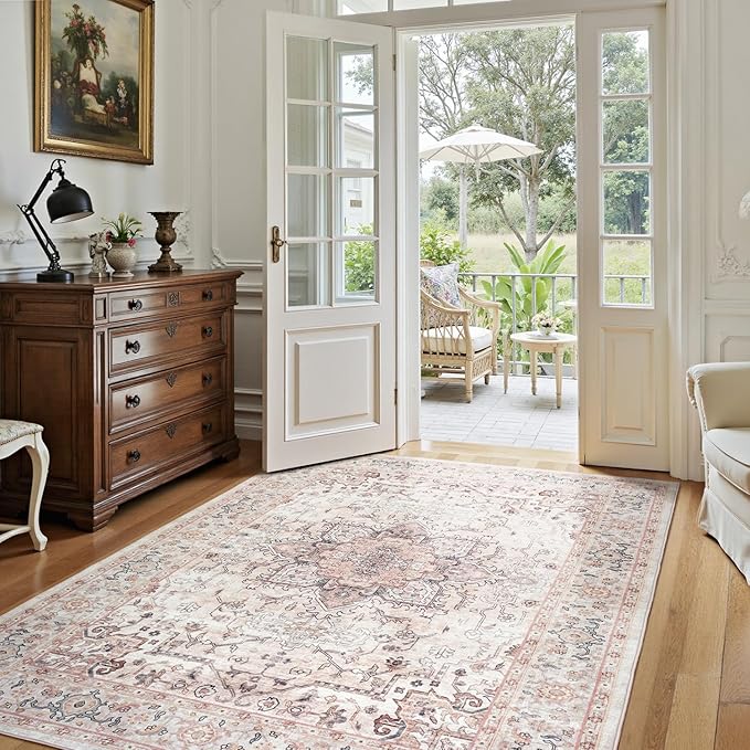 Lofus 6x9 Area Rugs for Living Room, Washable Area Rug, Rugs for Bedroom, Kitchen, Vintage Boho Carpet, Soft Non-Slip, Low Pile Large Area Rug for Office Dining Room, Pink