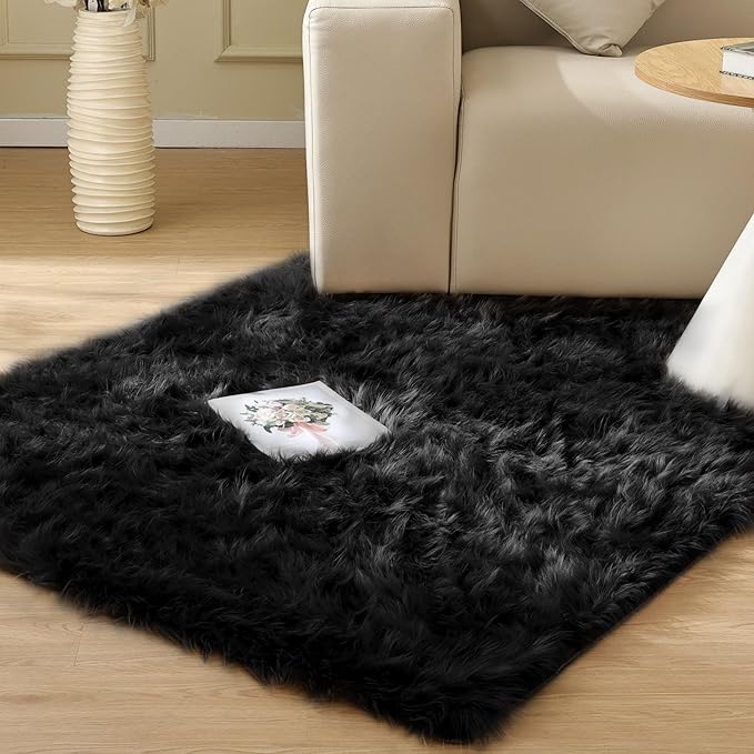 ORINOVA Black Fuzzy Faux Sheepskin Shaggy Fur Rugs for Bedroom Machine Washable Furry Rug 4x6 Area Rugs for Nursery Decor
