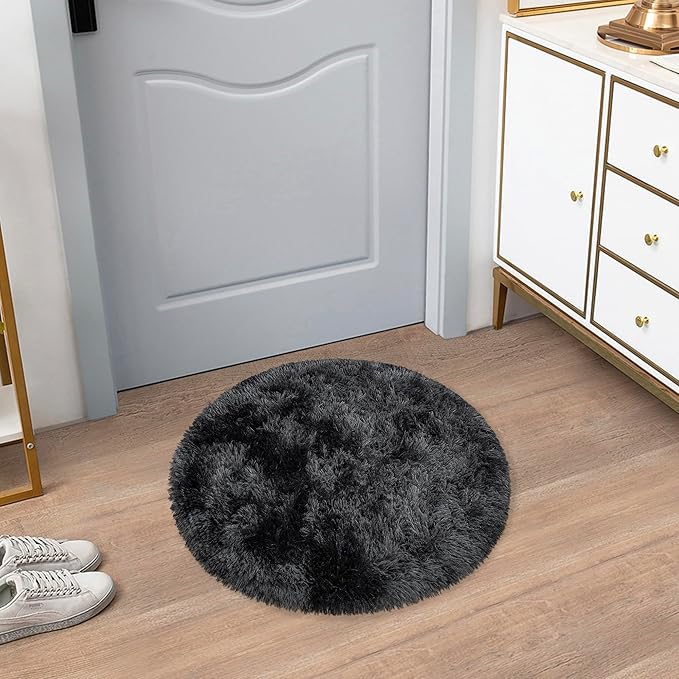 Tie Dye Black Round Rugs Small 2x2 ft Fluffy Circle Rug Furry Carpet Shaggy Circular Fuzzy Plush Area Rug for Girls Bedroom Kids Room Nursery Cute Room Decor Chair Cushion Pet mat Doormat