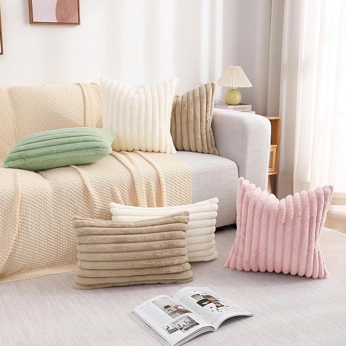 decorUhome Cozy Faux Fur Throw Pillow Covers 12x20 Set of 2 Decorative Soft Plush Striped Lumbar Modern Farmhouse Boho Couch Pillow Cases with Velvet Back for Sofa Bed Living Room, Grey
