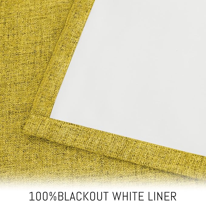 Yakamok Mustard Yellow Linen Curtains 100% Blackout 84 Inches Long,Room Darkening Textured Curtains for Living Room Thermal Grommet Bedroom Curtain 2 Panels with White Liner